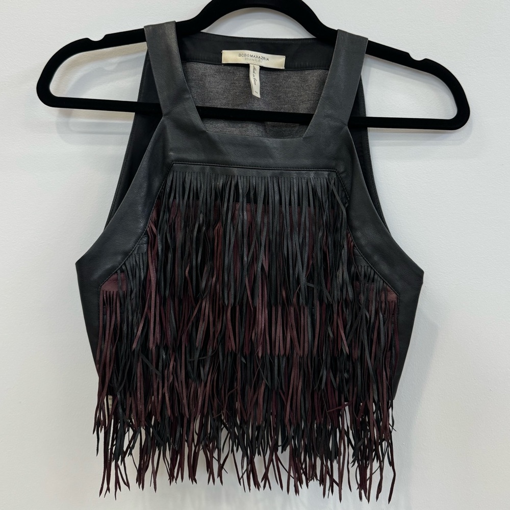 EUC: BCBGMAXAZRIA Faux Leather Tassel Crop Top XXS